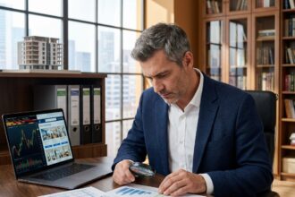 Homme en blazer analysant des graphiques boursiers et des listes immobilières sur un bureau moderne, symbolisant la diversification de placements financiers