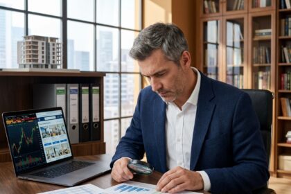 Homme en blazer analysant des graphiques boursiers et des listes immobilières sur un bureau moderne, symbolisant la diversification de placements financiers