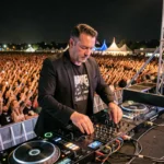 DJ français célèbre en performance sur une grande scène de festival avec une foule immense en 2026