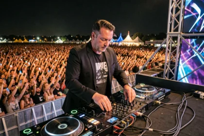 DJ français célèbre en performance sur une grande scène de festival avec une foule immense en 2026