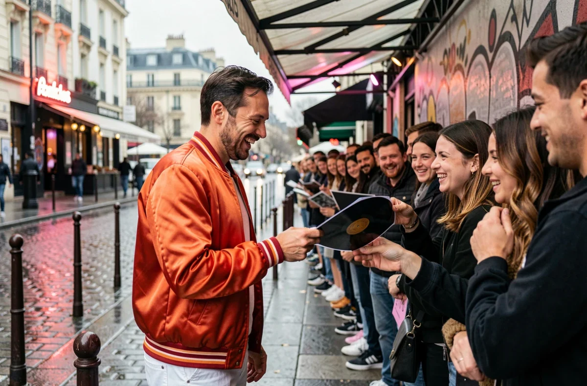 DJ français populaire signant des autographes pour ses fans devant un club parisien