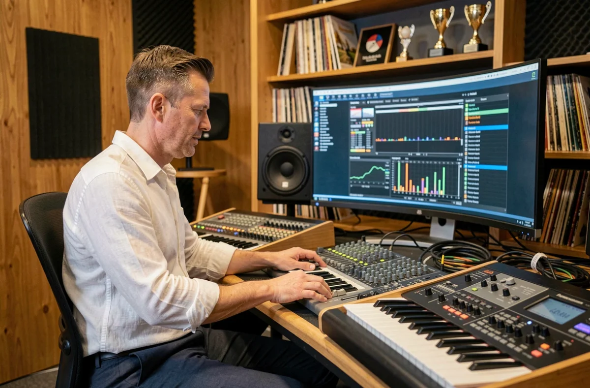 DJ français connu dans son studio d'enregistrement professionnel entouré de matériel de mixage