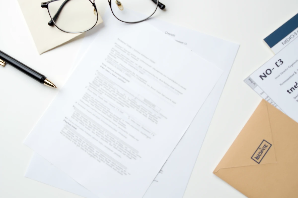 Flat lay de documents préparés pour un envoi en lettre recommandée lors d'un litige avec un prestataire