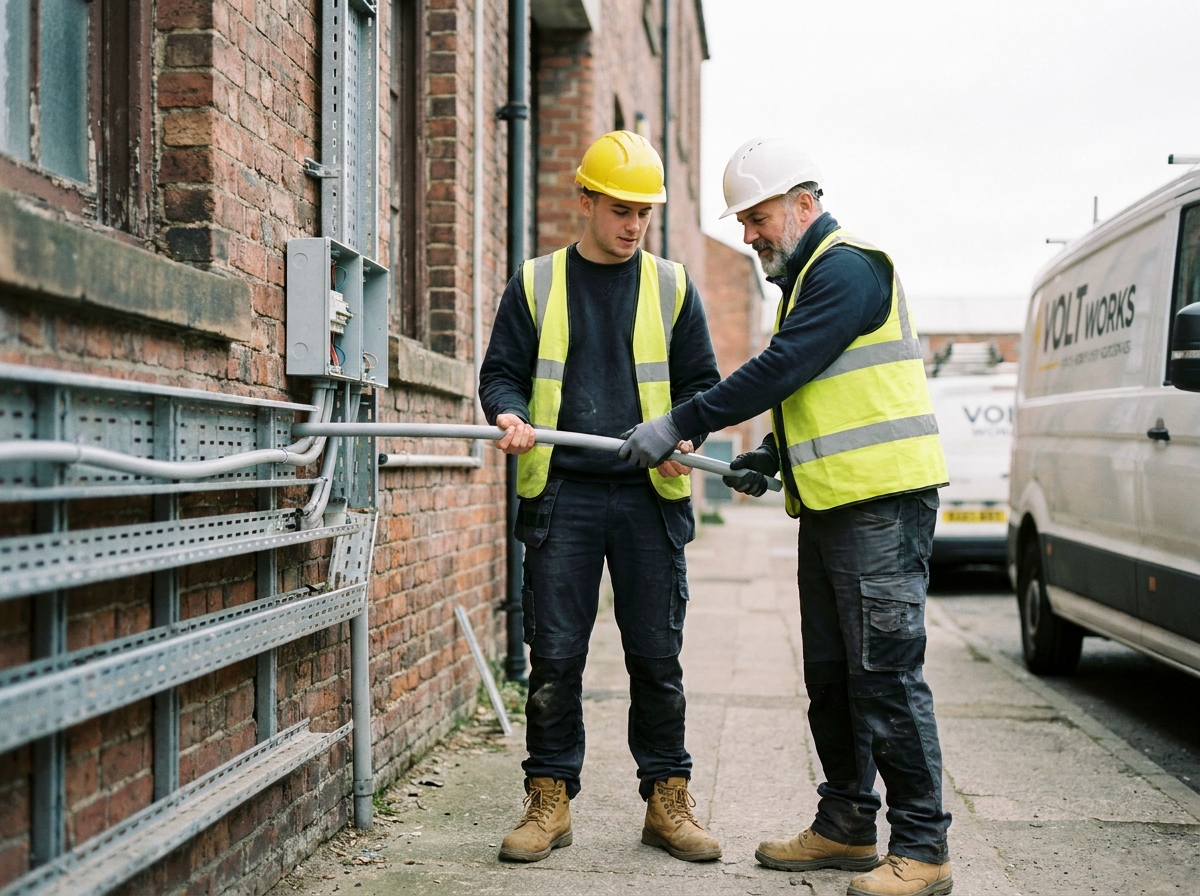 Duo d'électriciens, jeune apprenti et électricien expérimenté, travaillant ensemble sur une installation extérieure en milieu industriel