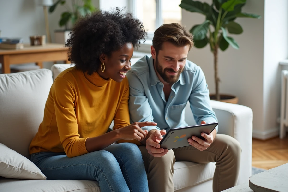 Deux joueurs collaborant sur une stratégie de mots pour gagner au jeu Cemantix sur tablette