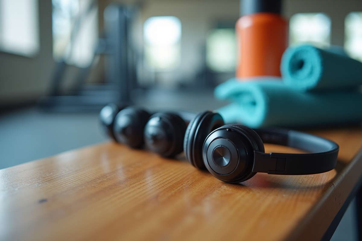 Gros plan sur des écouteurs Bluetooth sport sur un banc de gym