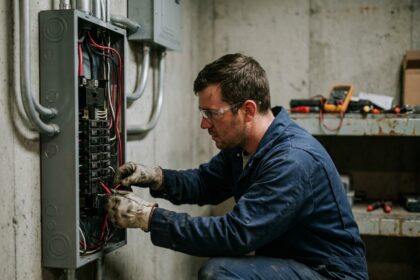 Électricien professionnel en tenue de travail bleue connectant des fils dans un tableau électrique résidentiel, ambiance de chantier réaliste