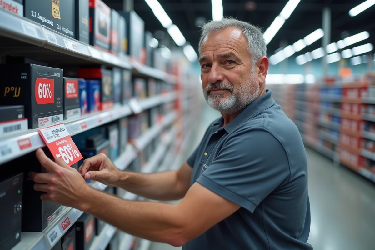 Employé de grande surface préparant les étiquettes de réduction pour le Black Friday dans un magasin d'électronique en France