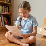 Jeune fille apprenant une tablature de guitare pour enfants dans une chambre en bois