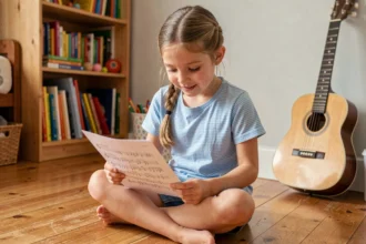 Jeune fille apprenant une tablature de guitare pour enfants dans une chambre en bois