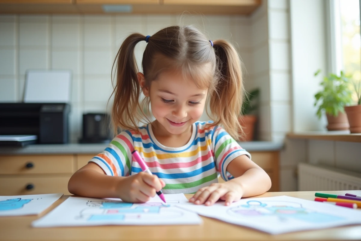 Petite fille coloriant un dessin imprimé gratuitement depuis un site fiable, entourée de feuilles et feutres sur une table de cuisine