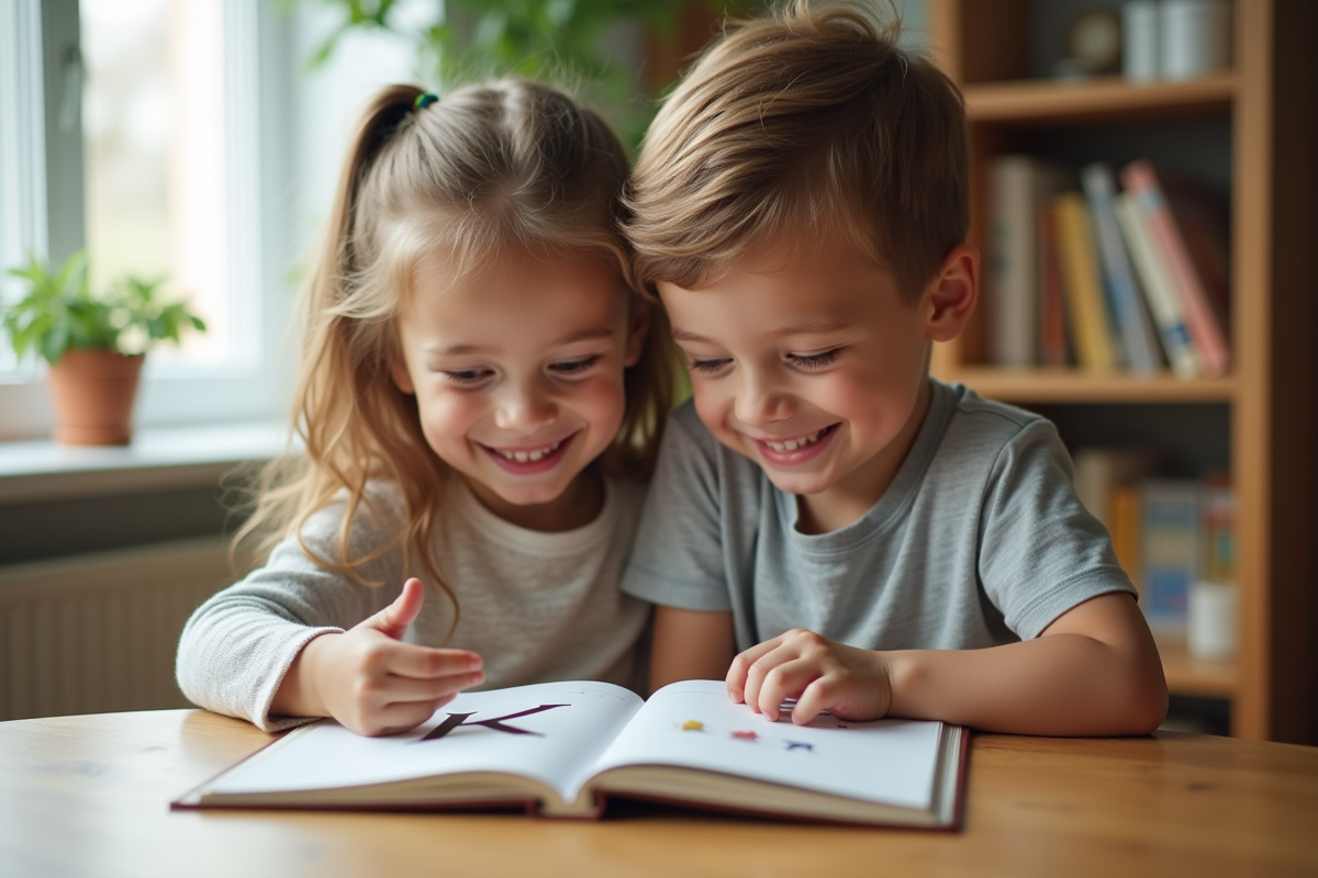 Jeune fille et garçon lisant un livre avec la lettre K