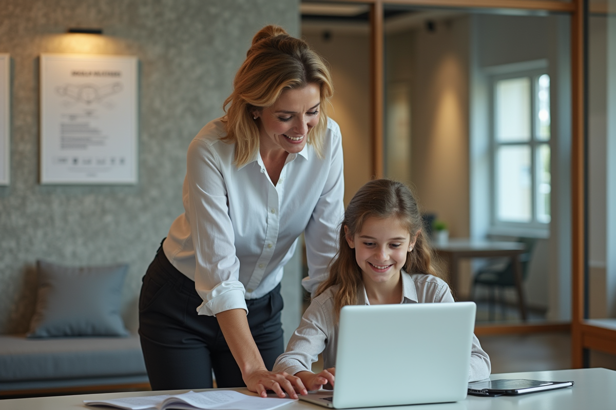 Professeure et lycéenne collaborant sur un ordinateur