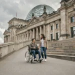 Entrée accessible du Reichstag à Berlin avec rampe PMR et personne en fauteuil roulant