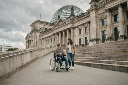 Entrée accessible du Reichstag à Berlin avec rampe PMR et personne en fauteuil roulant