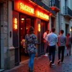Entrée d'une boîte de nuit à Perpignan avec des jeunes adultes en tenue soirée attendant dehors