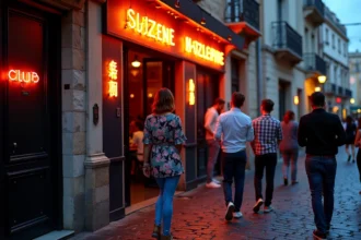 Entrée d'une boîte de nuit à Perpignan avec des jeunes adultes en tenue soirée attendant dehors