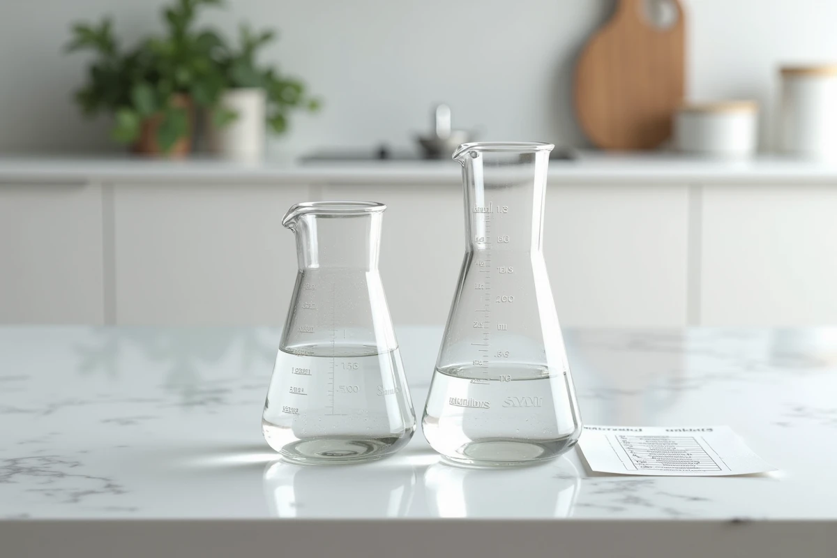 Éprouvette et verre gradué en verre sur plan de travail en marbre avec marquages métriques pour conversion de volumes