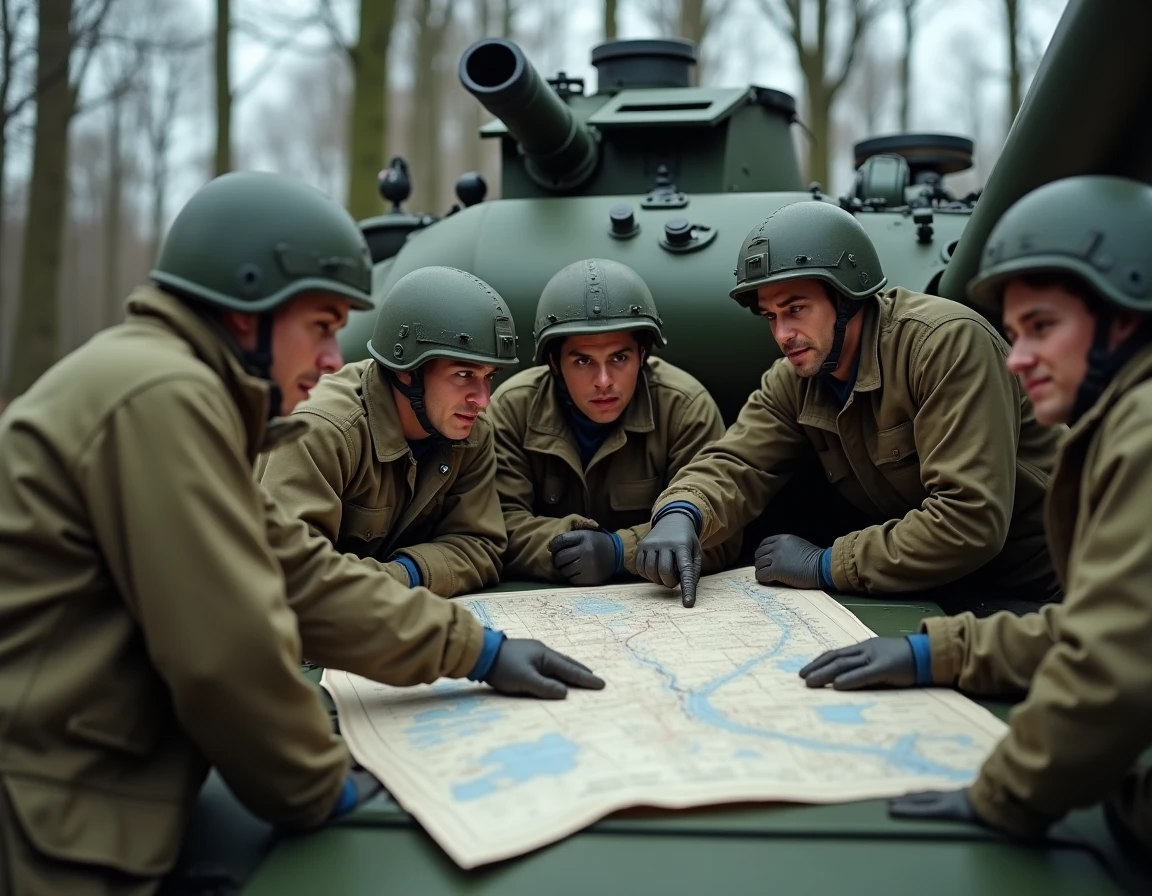 Équipage de tankistes français en tenue de combat discutant autour d'un char Leclerc en forêt