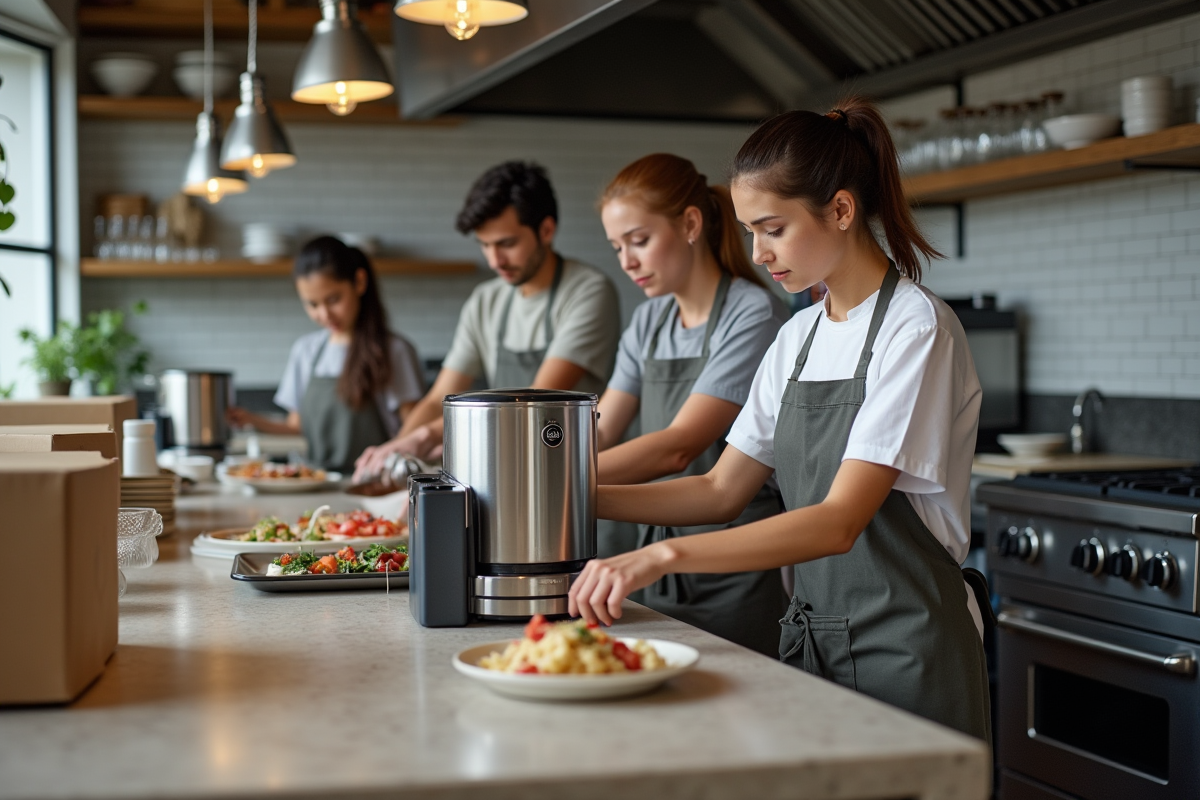 Equipe de cuisine moderne installant du nouvel équipement