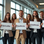 Groupe divers de professionnels avec des panneaux sur le thème des métiers en Q