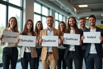 Groupe divers de professionnels avec des panneaux sur le thème des métiers en Q