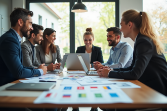 Groupe de jeunes professionnels collaborant en bureau moderne
