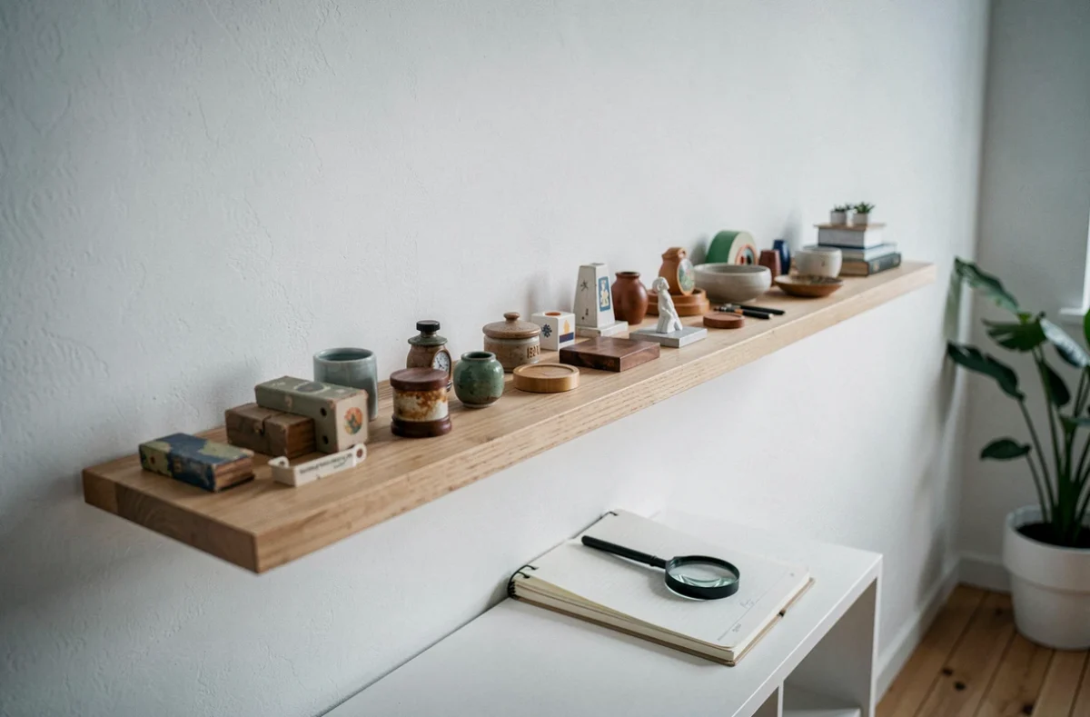 Étagère de collection bien organisée chez un particulier avec carnet de notes et loupe pour cataloguer les objets