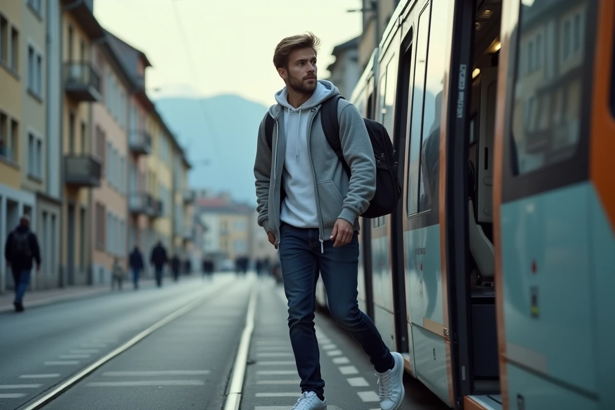 Étudiant descendant du tram dans un quartier résidentiel de Grenoble avec son sac à dos