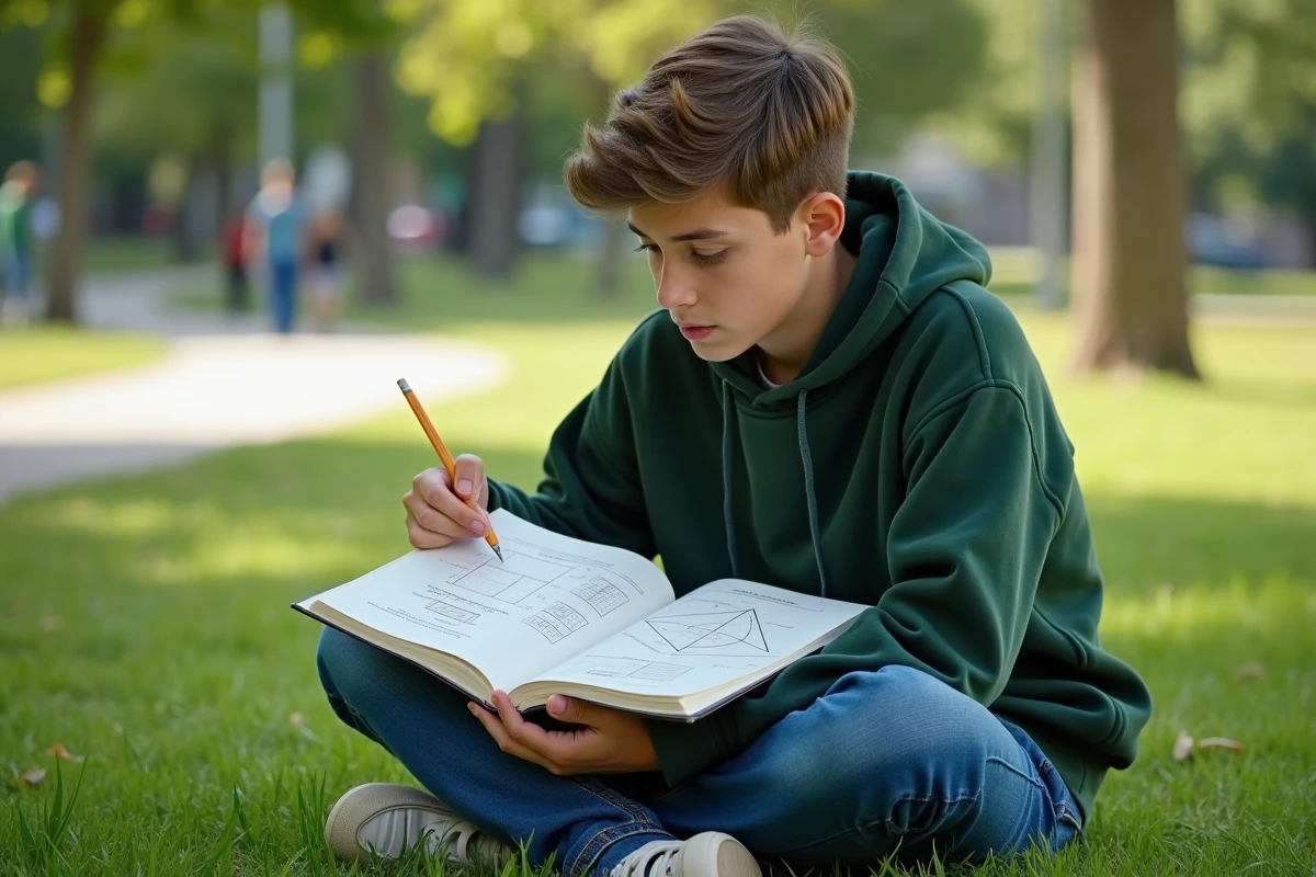 Adolescent étudiant la conversion des hectares en kilomètres carrés avec un manuel de géométrie dans un parc