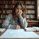 Étudiante en mathématiques analysant l'équation réduite de la tangente sur des notes manuscrites en bibliothèque universitaire