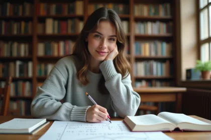 Étudiante en mathématiques analysant l'équation réduite de la tangente sur des notes manuscrites en bibliothèque universitaire