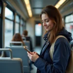 Étudiante dans un tram de Grenoble consultant son smartphone avec son sac à dos, trajet vers le campus