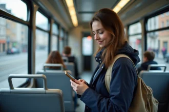Étudiante dans un tram de Grenoble consultant son smartphone avec son sac à dos, trajet vers le campus