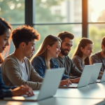 Groupe d'étudiants universitaires concentrés sur leurs ordinateurs