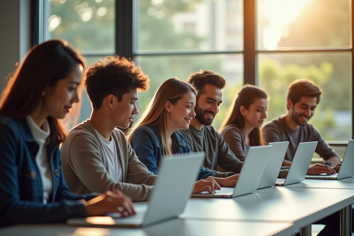 Groupe d'étudiants universitaires concentrés sur leurs ordinateurs