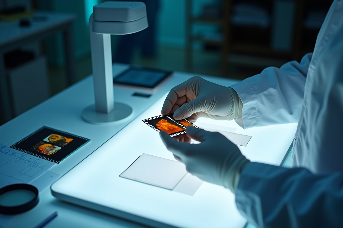 Mains portant des gants examinant des diapositives sur un lightbox
