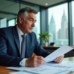 Expert immobilier examinant des documents dans un bureau moderne