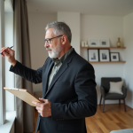 Expert immobilier examine une fenêtre dans un salon moderne