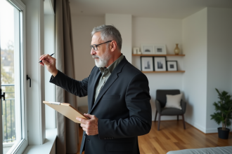 Expert immobilier examine une fenêtre dans un salon moderne