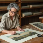 Experte examinant un tirage rare de Jean Bille sur une table d'antiquaire avec une loupe et du papier archive