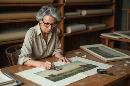 Experte examinant un tirage rare de Jean Bille sur une table d'antiquaire avec une loupe et du papier archive