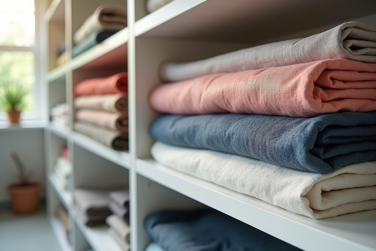 Fabrics premium pliés sur une étagère lumineuse dans un atelier moderne