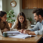 Jeune femme et ses parents discutant de brochures universitaires