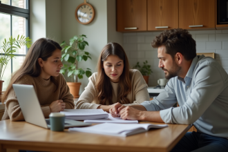 Jeune femme et ses parents discutant de brochures universitaires