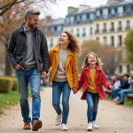 Famille française souriante dans un parc urbain à Paris