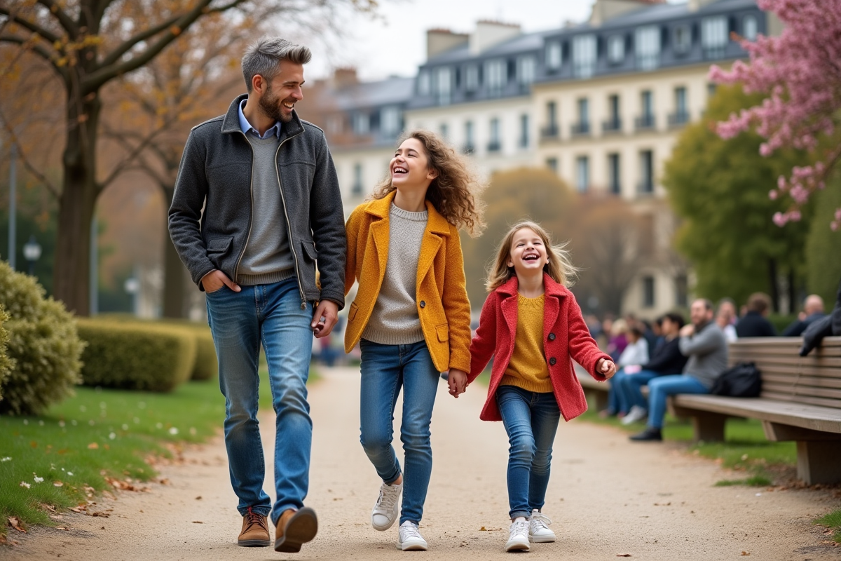 Famille française souriante dans un parc urbain à Paris