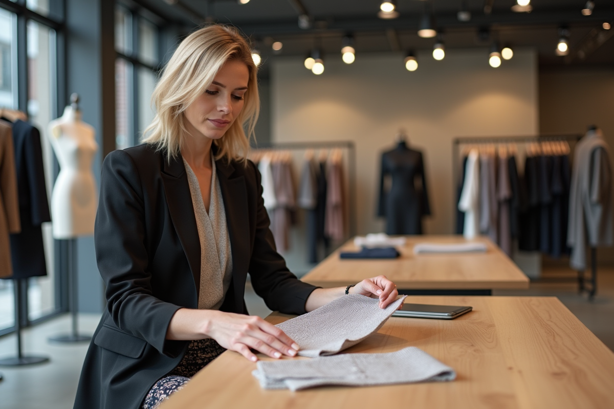 Femme acheteuse de mode examinant des échantillons dans un showroom