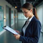 Femme d'affaires en costume bleu dans un bureau moderne