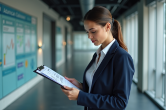 Femme d'affaires en costume bleu dans un bureau moderne